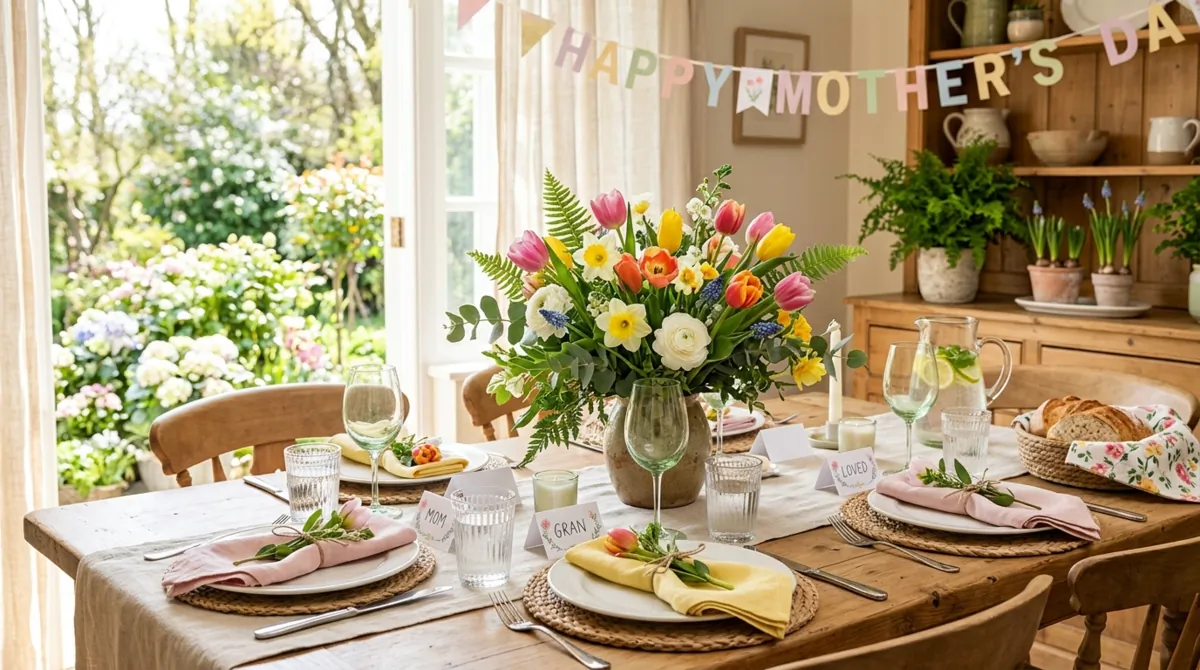 Spring Mother's Day table with tulips, daffodils, pastel napkins, and greenery.